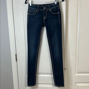 Miss Me Fleur De Lis Blue Skinny Jeans with Sleek Tapered Fit